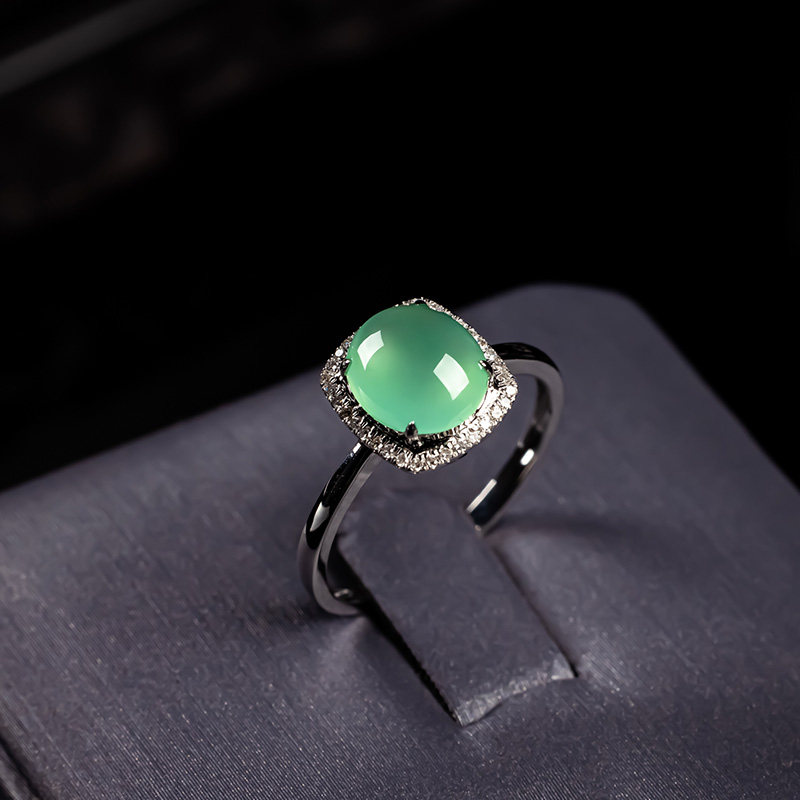 天然a货翡翠冰种阳绿苹果绿戒指蛋面戒面18k金镶嵌玉石戒指女绿戒