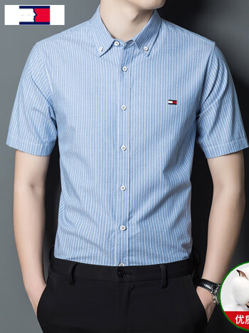 汤米希凯利男装新款条纹短袖衬衫商务休闲男士修身纯棉衬衣潮男装蓝