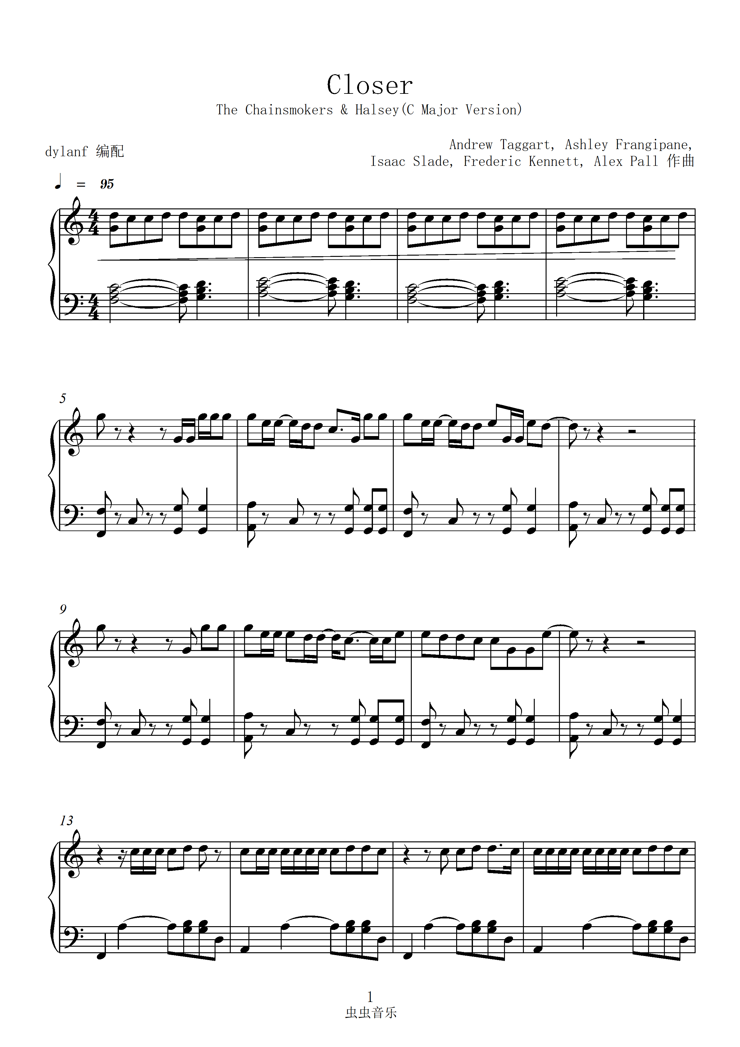 c调易弹closer 烟鬼the chainsmokers&halsey钢琴谱-虫虫钢琴