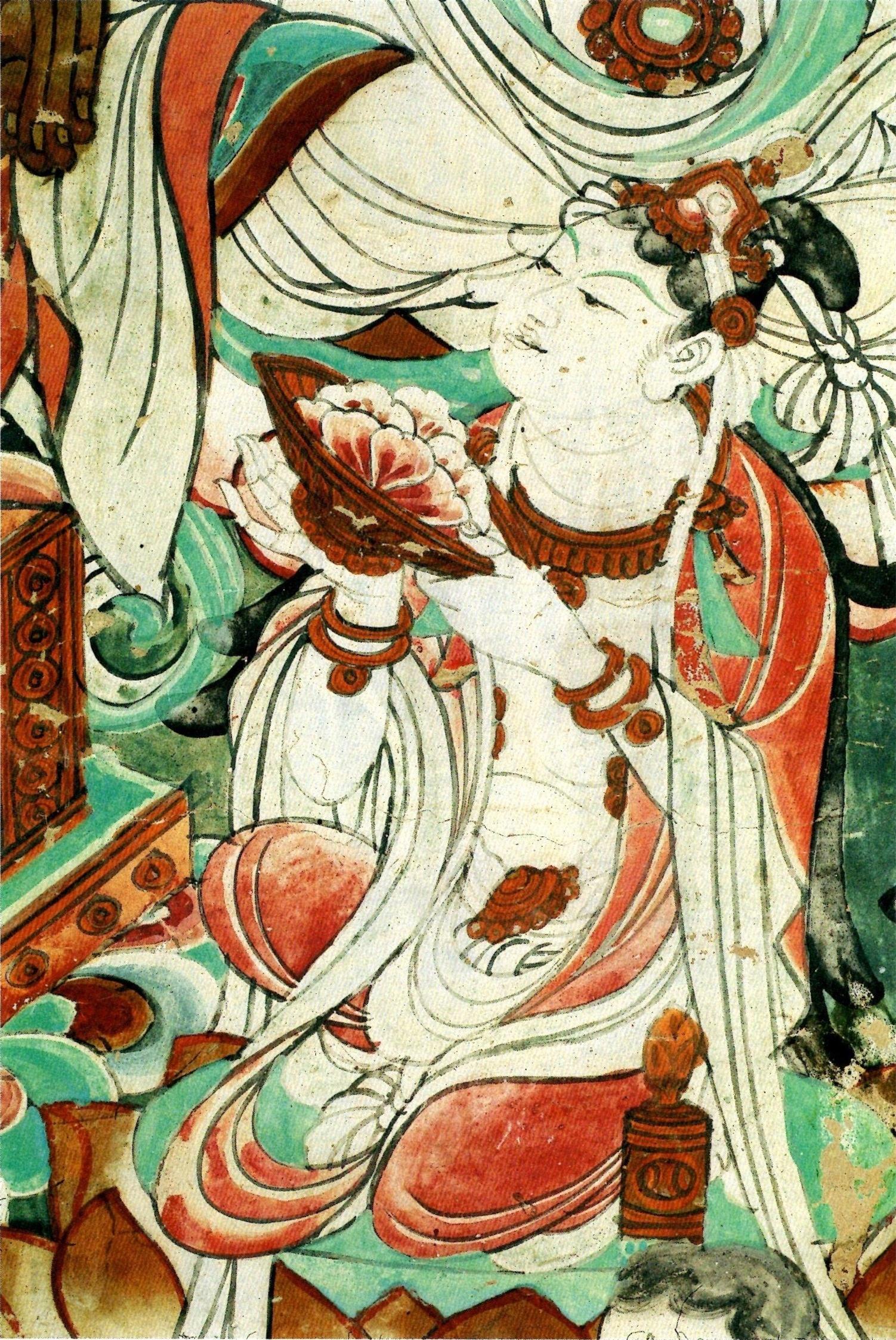 常作为一种佛教礼节,在敦煌壁画中处处可见)正中右侧,也绘有一位捧花