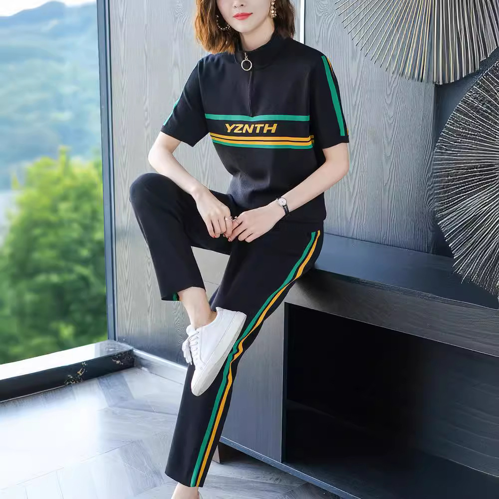 妈妈装年轻夏季短袖冰丝针织运动服休闲套装女减龄洋气时尚两件套