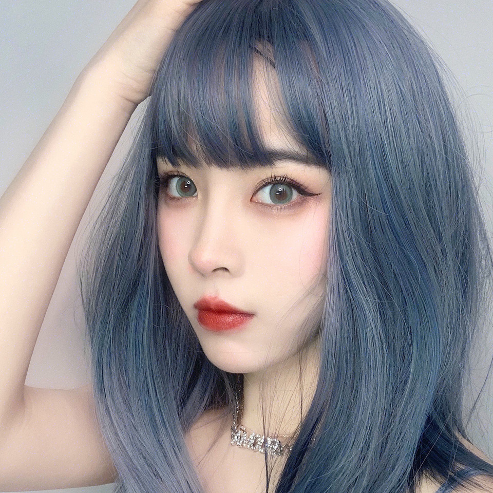 雾霾蓝假发女长直发网红同款锁骨发气质修脸烟灰蓝化纤假发女现货