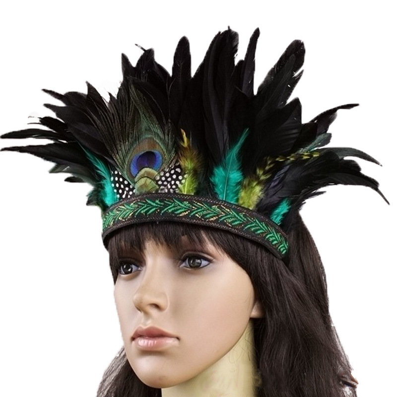 欧美印第安人头饰经典款印第安夸张头饰羽毛发饰发带酋长头饰跨境