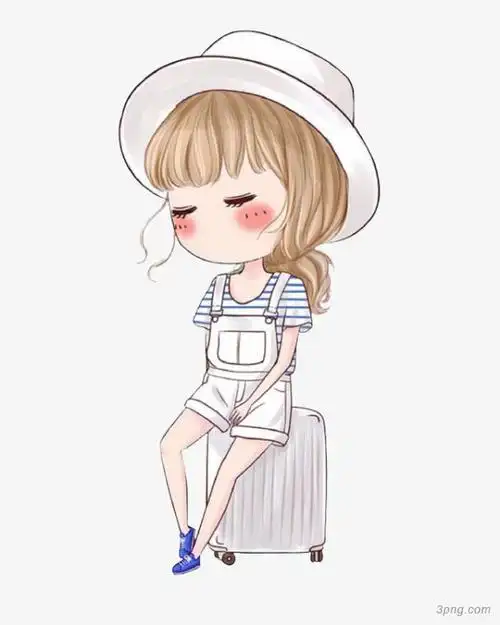 坐行李箱上的女孩png素材透明免抠图片-卡通手绘