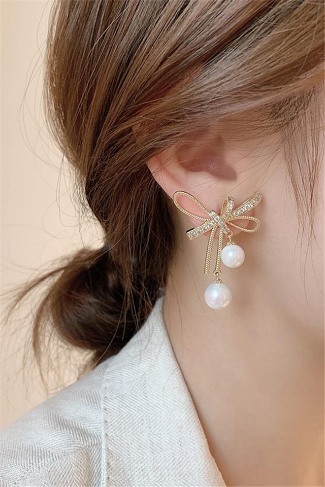 高级感圆脸显瘦蝴蝶结珍珠耳环女耳坠耳饰新款气质网红耳钉
