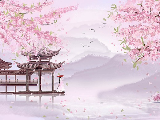 古风意境插画古建筑凉亭汉服女子春天桃花水墨山水