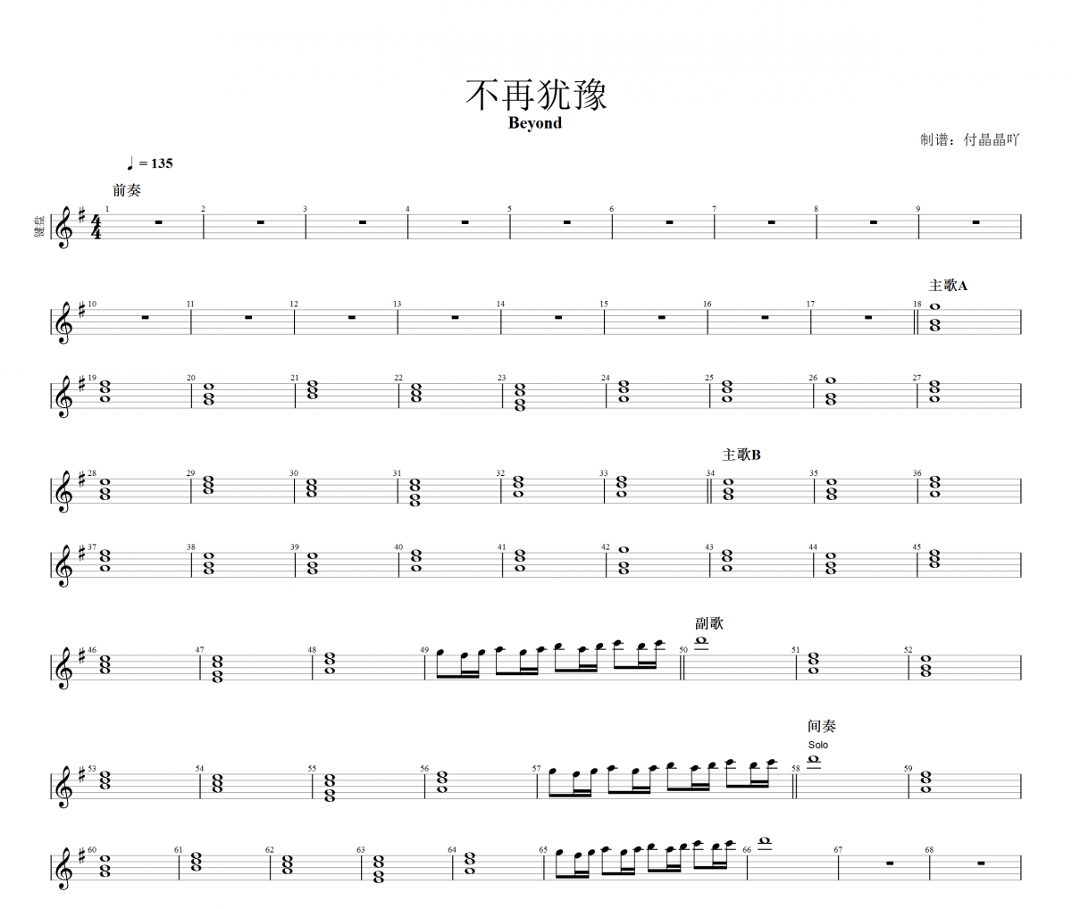 beyond乐队-不再犹豫键盘谱钢琴谱