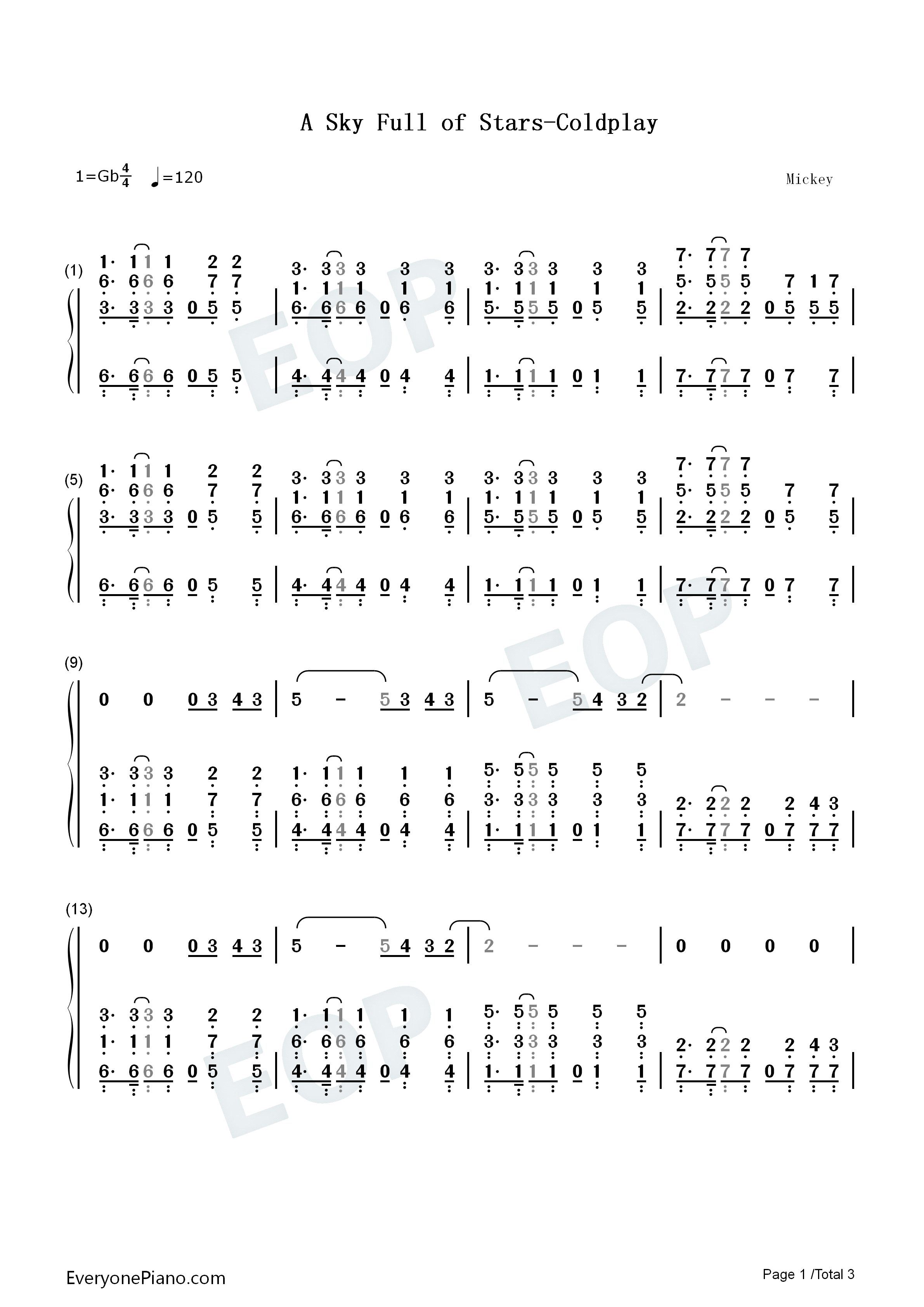 a sky full of stars-coldplay双手简谱预览1