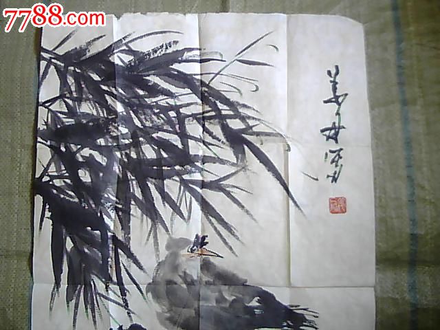 姜舟:竹下鸟石,花鸟国画原作,禽鸟画原画,水墨/写意画法,年代不详,二