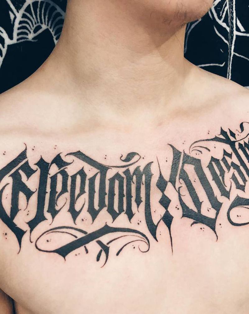 花体字纹身纹身图片_胸部花体字图腾英文纹身图案