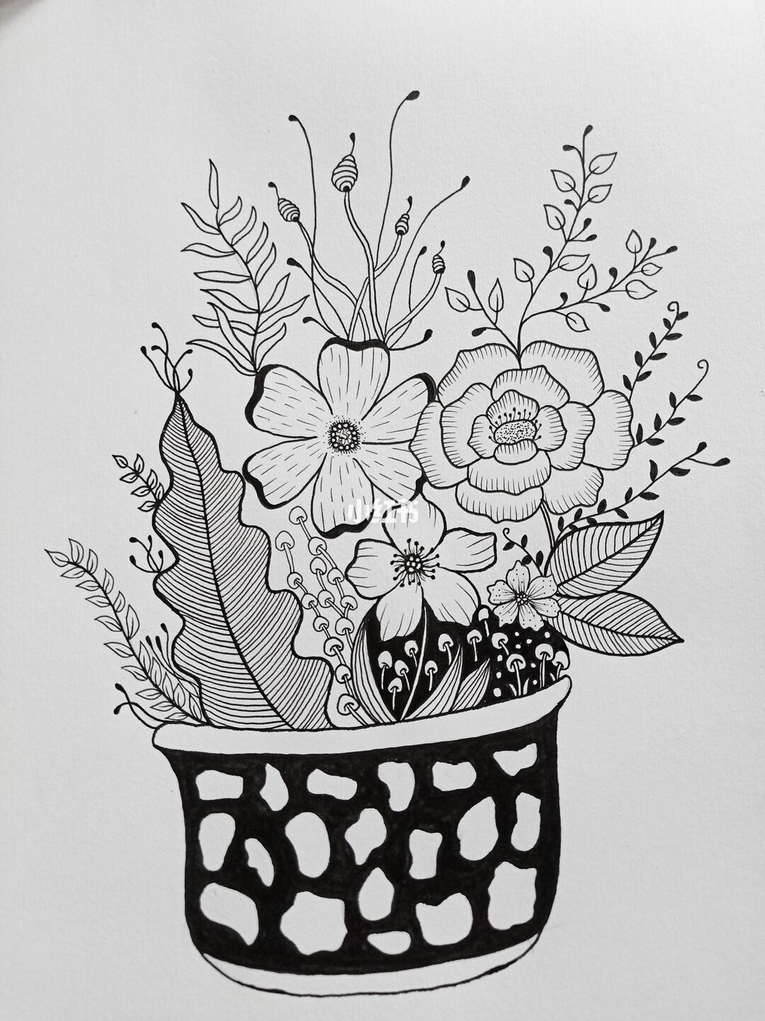 手绘针管笔黑白创意花朵手账简笔画