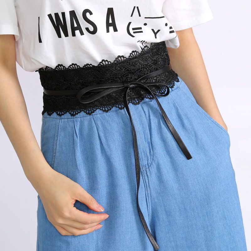 女士新品连衣裙宽腰封腰带蕾丝花边装饰时尚束腰黑色女腰带宽绿色