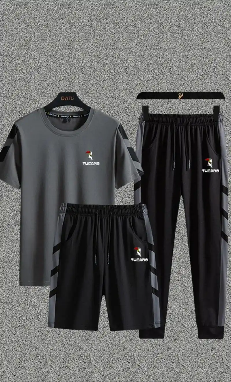 啄木鸟男休闲运动套装冰丝三件套男短袖t恤