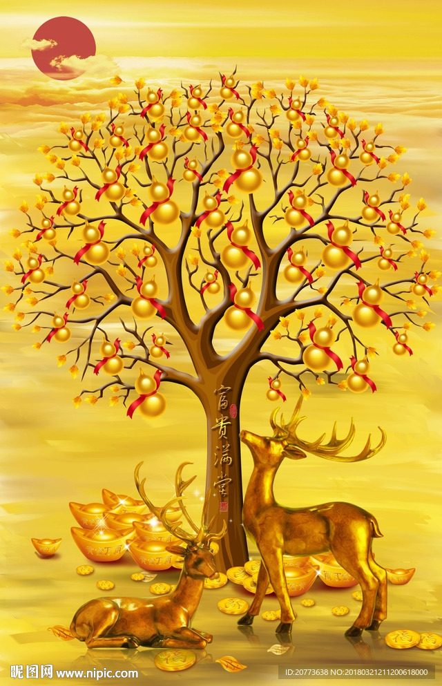 高清手绘发财树金鹿玄关壁画图片