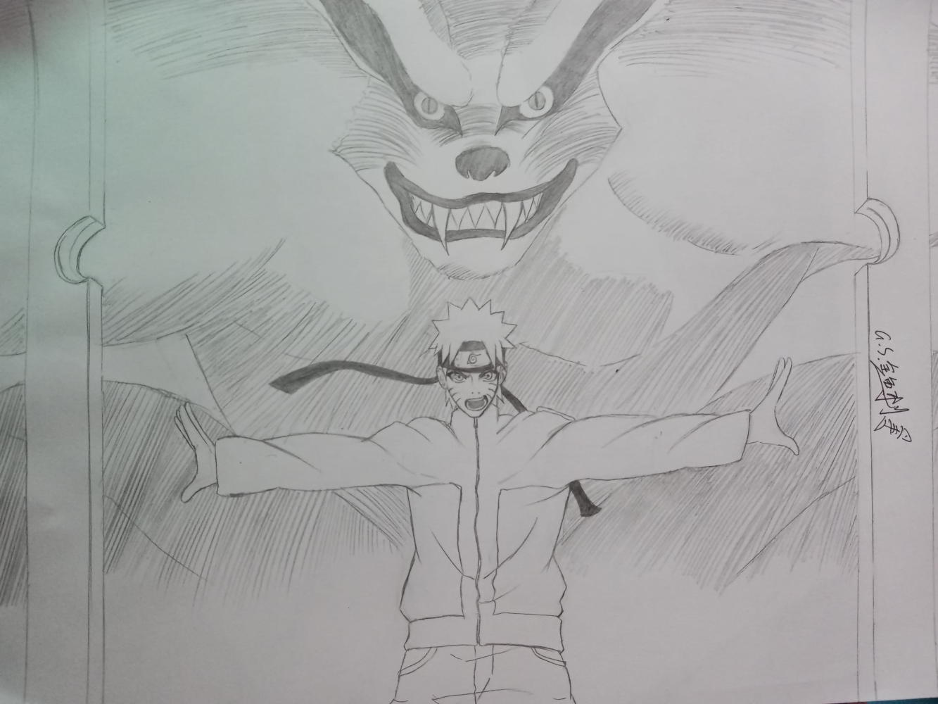 九喇嘛&鸣人_火影忍者九尾漩涡鸣人手绘求点评临摹绘画作品