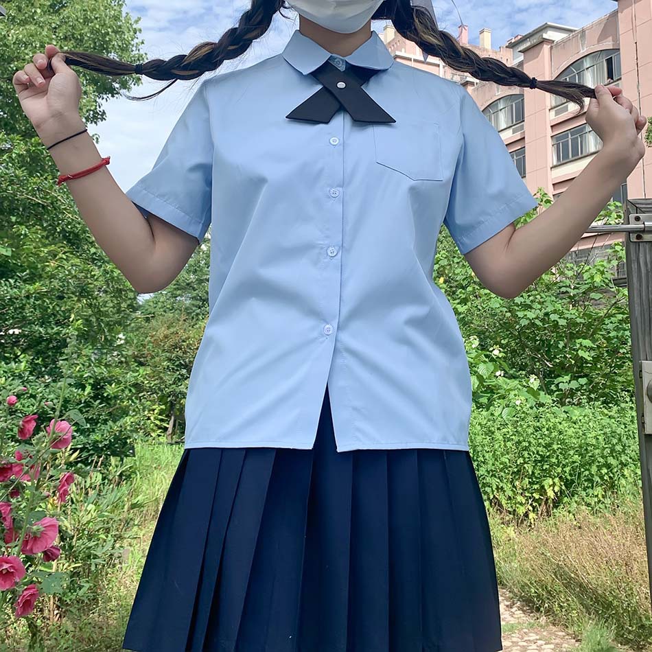 日本jk制服短袖蓝色衬衫 日系校服 短袖尖领方领角襟 不透