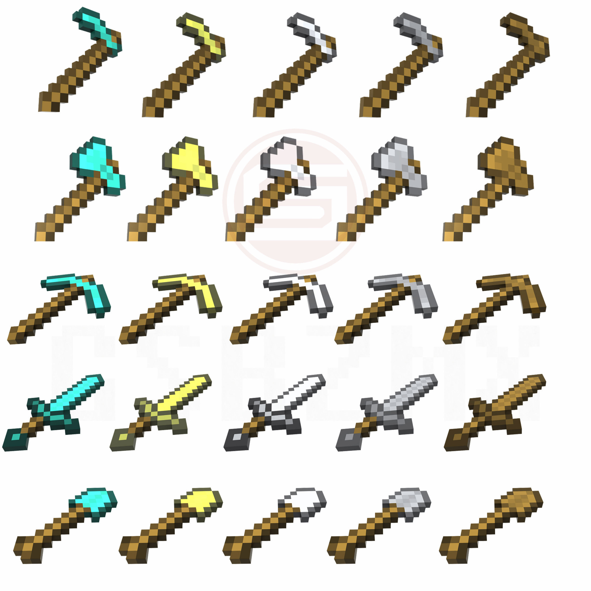 原创我的世界minecraft武器工具大全合集钻石镐锄剑斧铲手工纸模