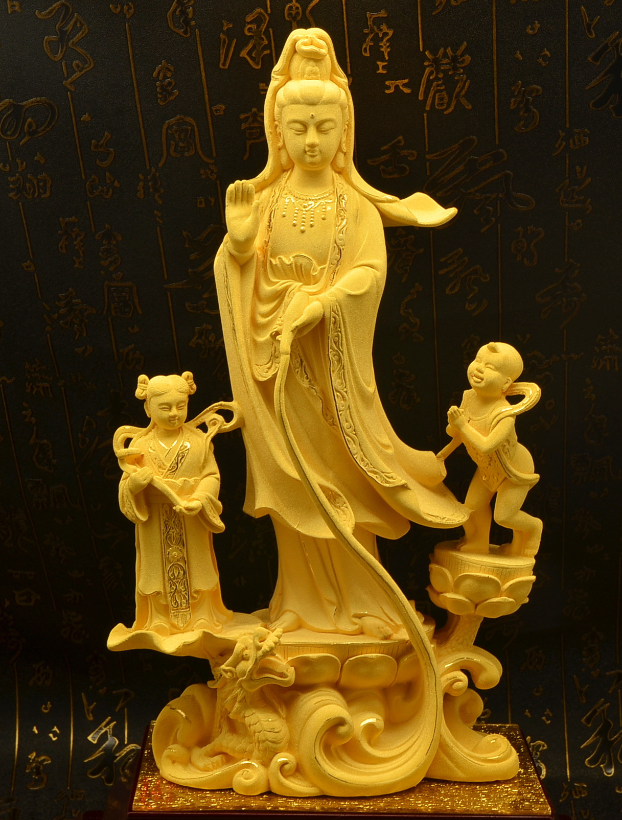 童子拜观音摆件绒沙金电铸工艺品观世音菩萨普渡众生居家办公摆设