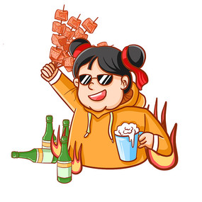 美食烧烤烤串卡通女孩喝啤酒吃烤串