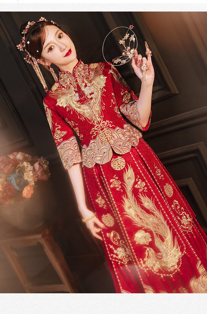 年新款新娘结婚礼服中式婚礼嫁衣敬酒龙凤褂夏季女秀和深红色中袖s