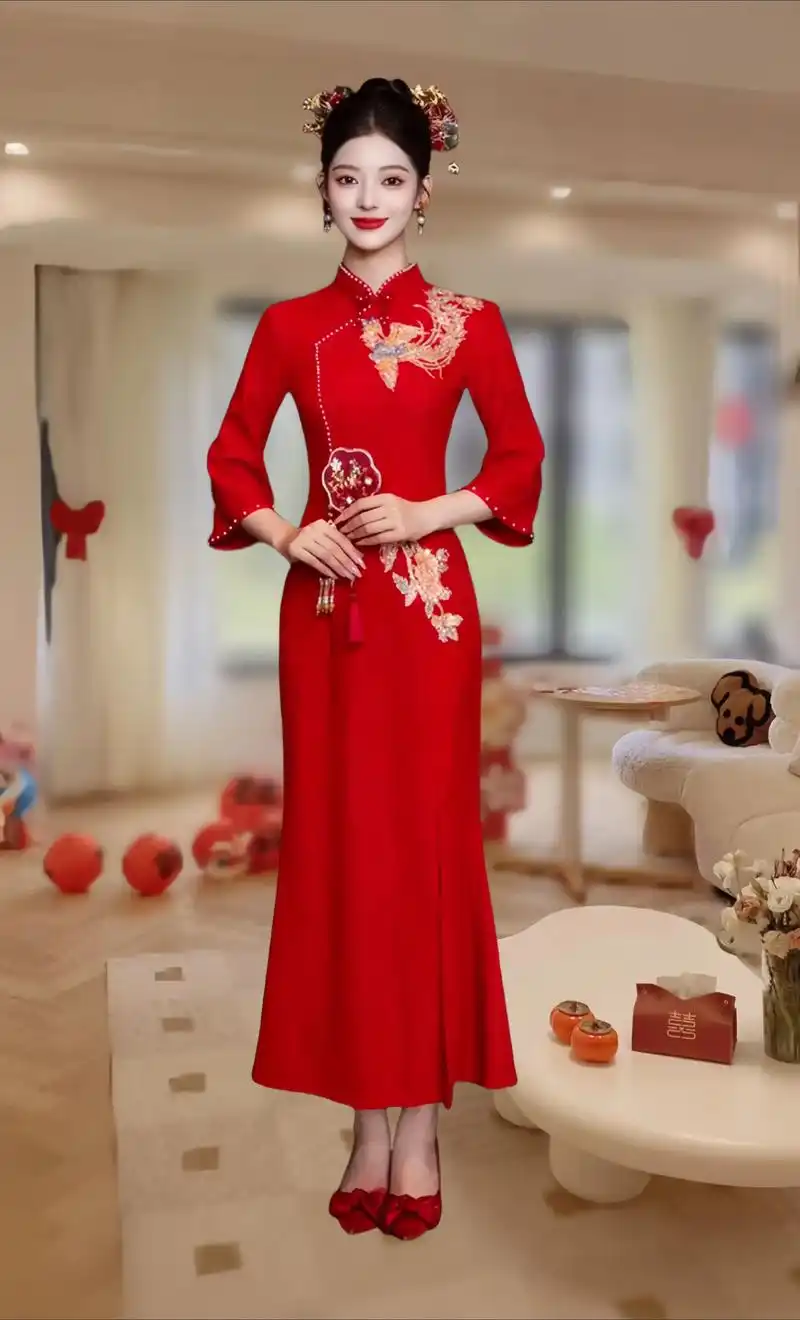 新娘高级感红色结婚鱼尾旗袍订婚礼服,新中式敬酒服#婚宴礼服