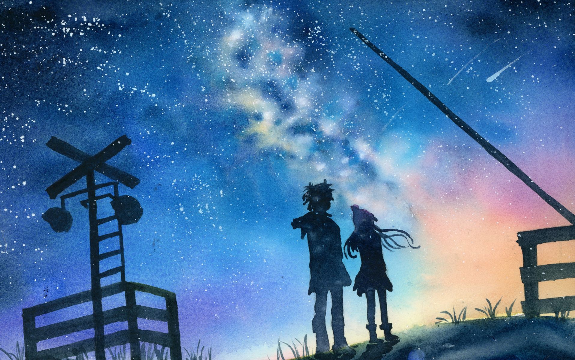 手绘星空下的男孩和女孩水彩