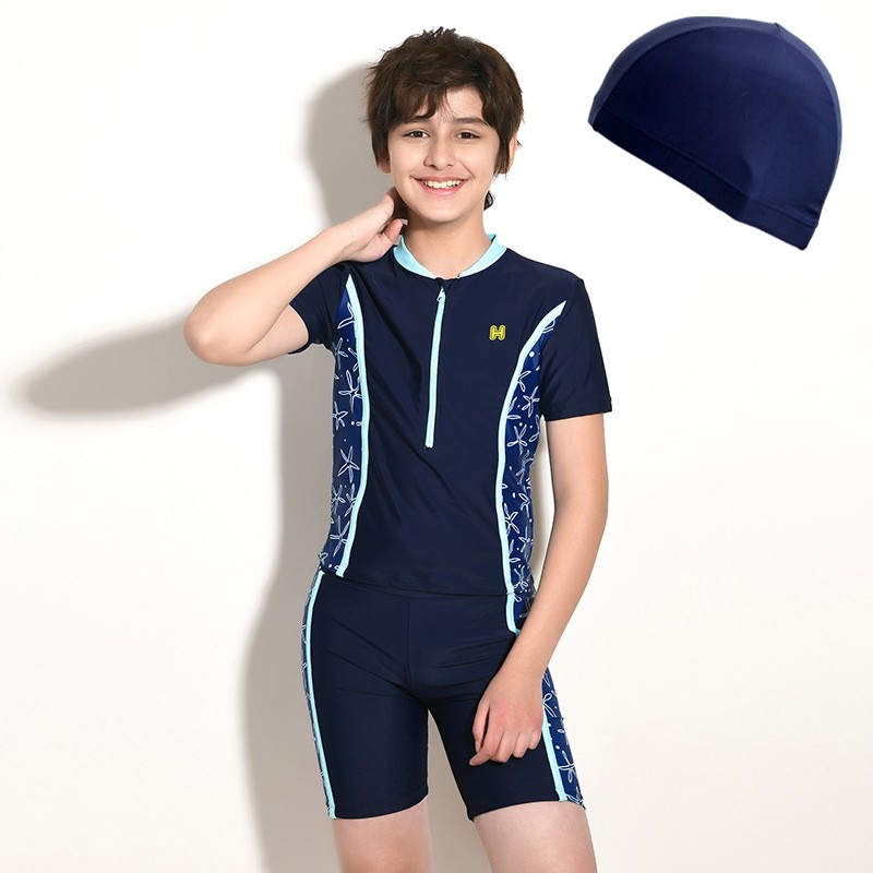 加大码儿童泳裤青少年学生男孩中大童男童游泳裤胖小孩泳衣泳装海军蓝