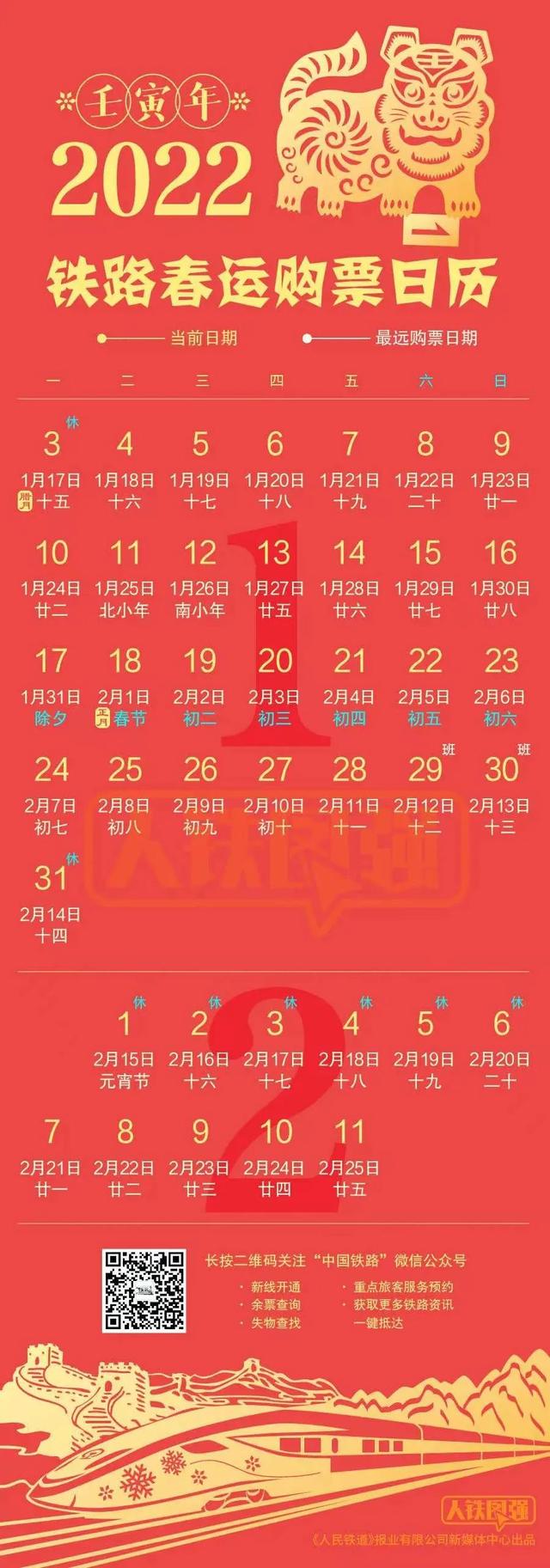 2022年火车票提前几天定2022春节购票时间2022春运火车票日历