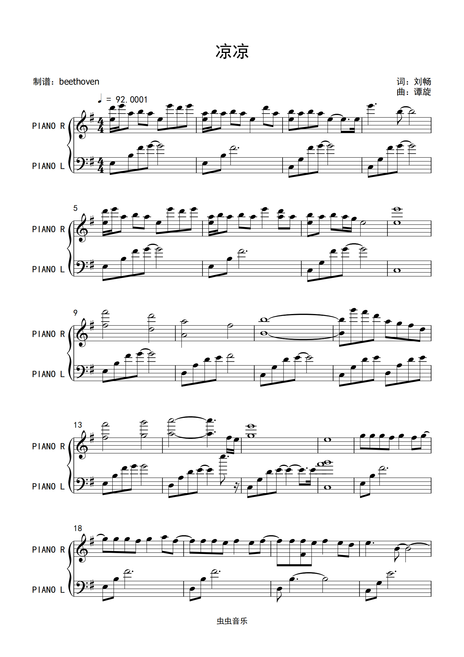 凉凉-杨宗纬 张碧晨钢琴独奏钢琴谱-c调-虫虫钢琴