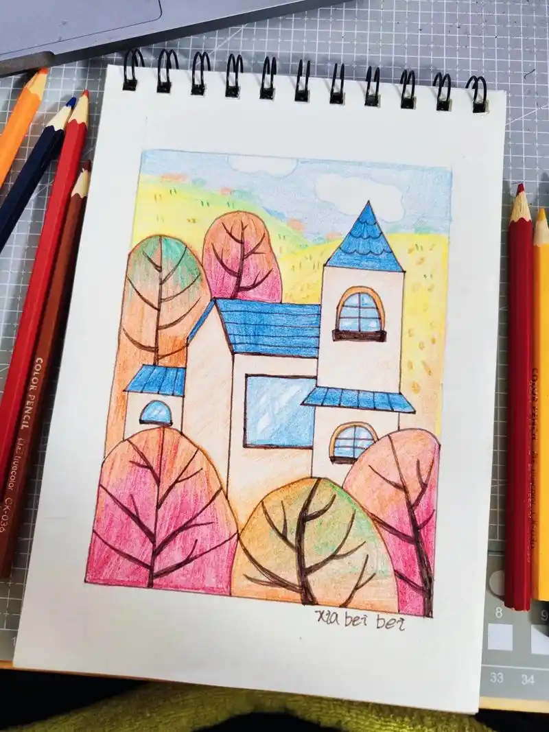 彩铅画,秋天的景色,蓝色的房子很治愈很浪漫!#治愈插画 #儿 - 抖音