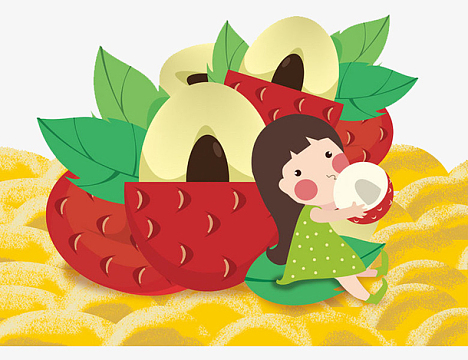 手绘吃荔枝的可爱女孩png水果手绘卡通荔枝电商bannerpsdjpg大红色