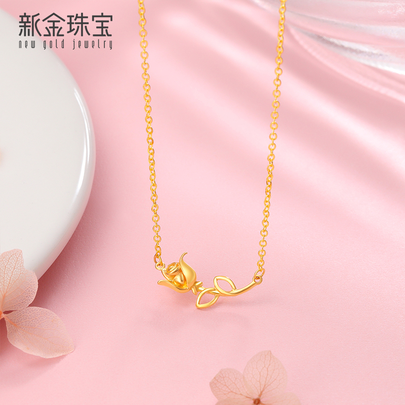 新金珠宝黄金项链女5g硬金链子999足金玫瑰花套链awj1042