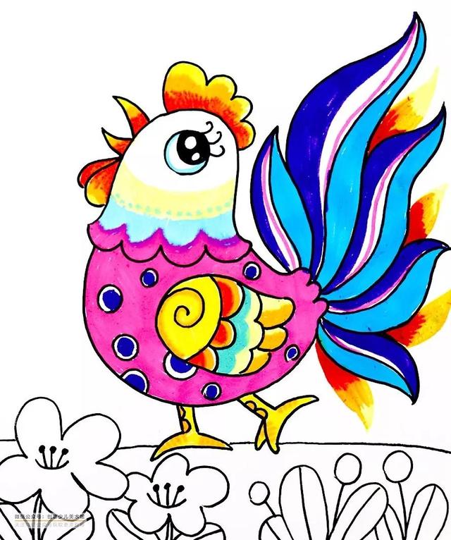 公鸡怎么画简笔画,公鸡怎么画简单又漂亮带颜色(儿童画教程,水彩笔画