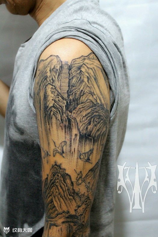 山水花臂_水墨国画纹身图案大全 - 纹身大咖