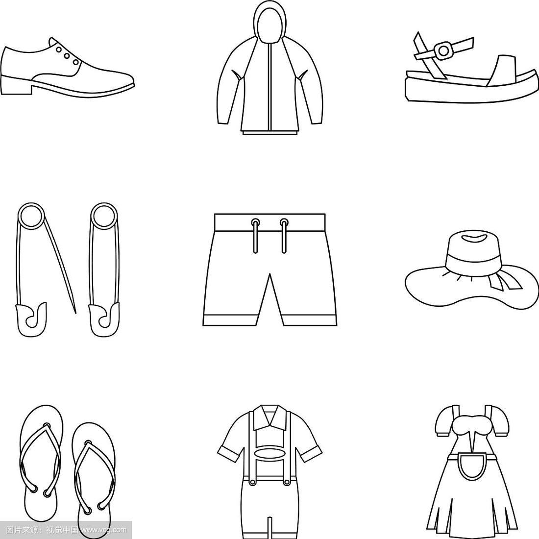 夏季服装图标设置轮廓风格