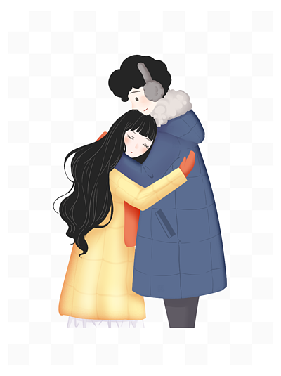 手绘卡通冬天里甜蜜温暖拥抱的情侣
