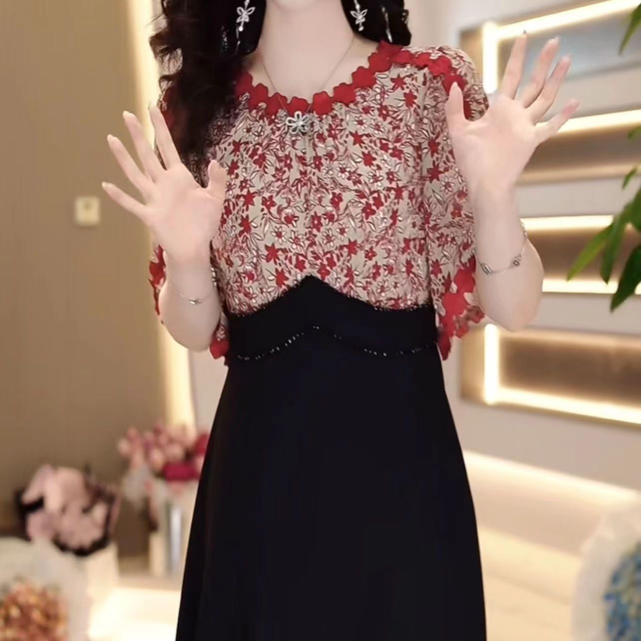 高级冰羽丝时尚洋气端庄优雅翠花连衣裙2024夏季新款收腰假俩件