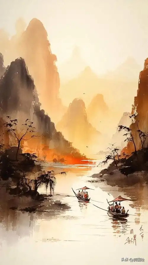 古风水墨画:漓江山水美如画