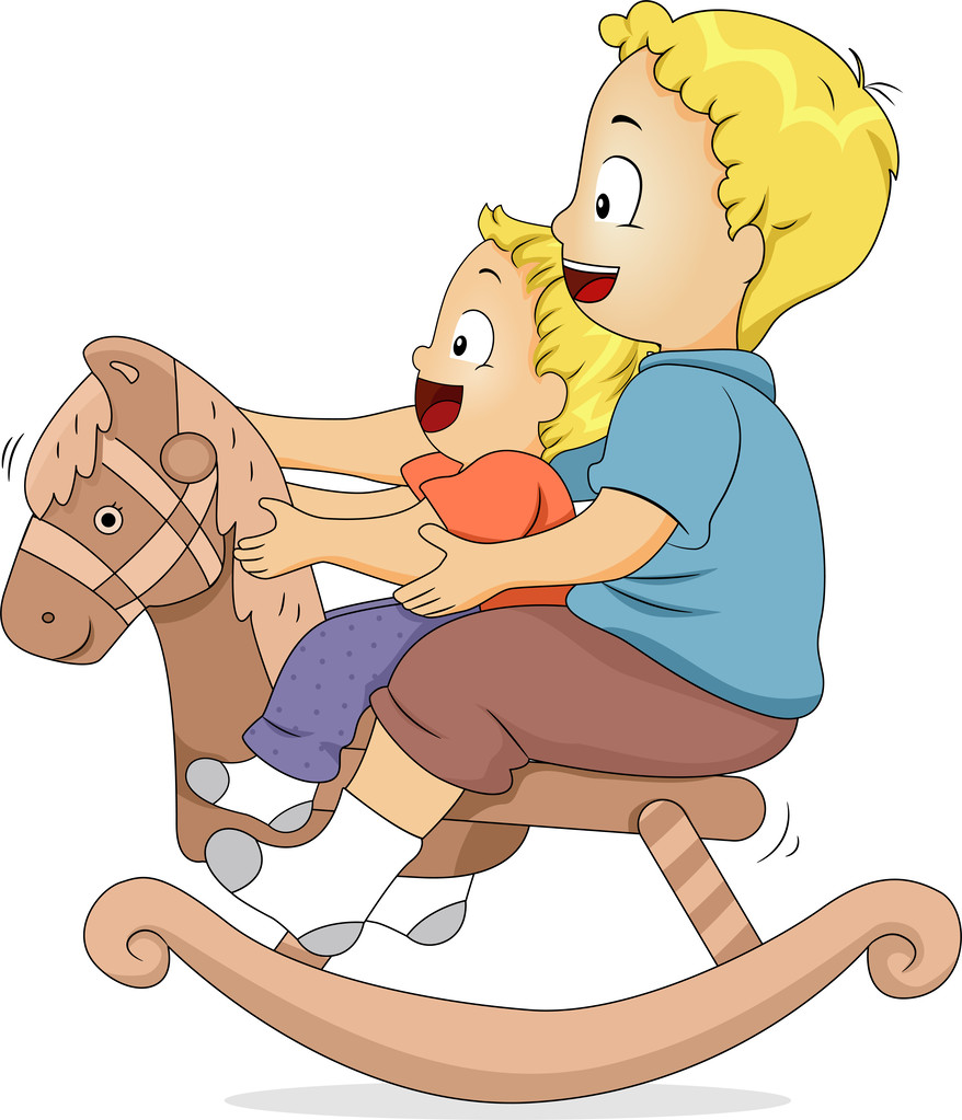 摇马的兄弟姐妹,男性的兄弟姐妹坐在木马上的插图