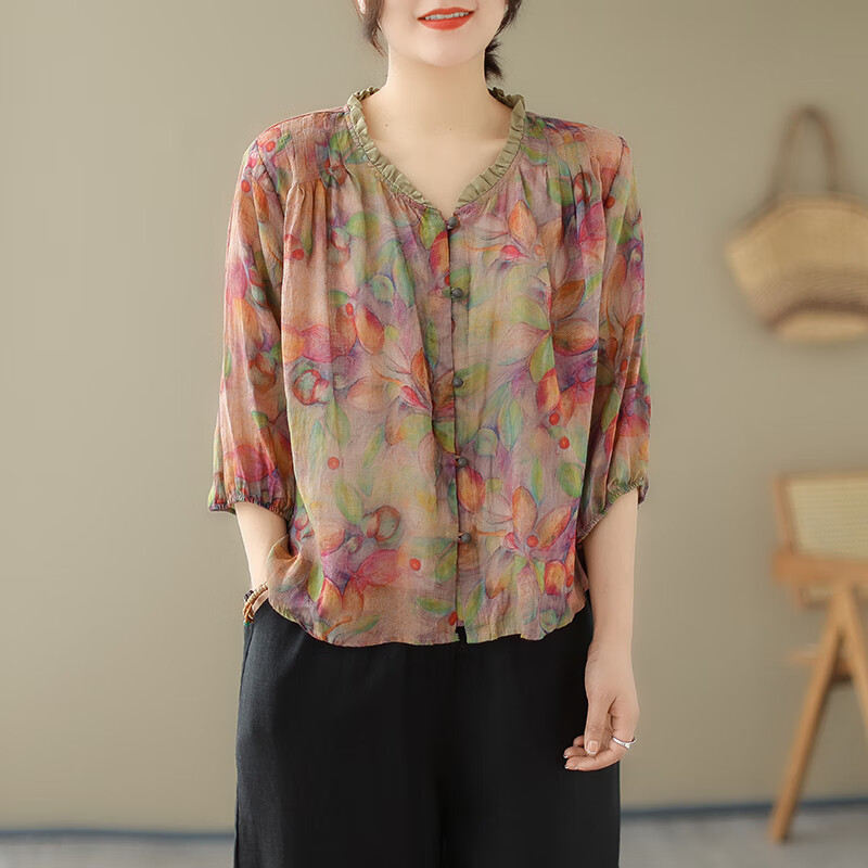 记忆点(jiyidian)夏天妈妈中老年女装棉麻七分袖中年洋气中袖上衣大码