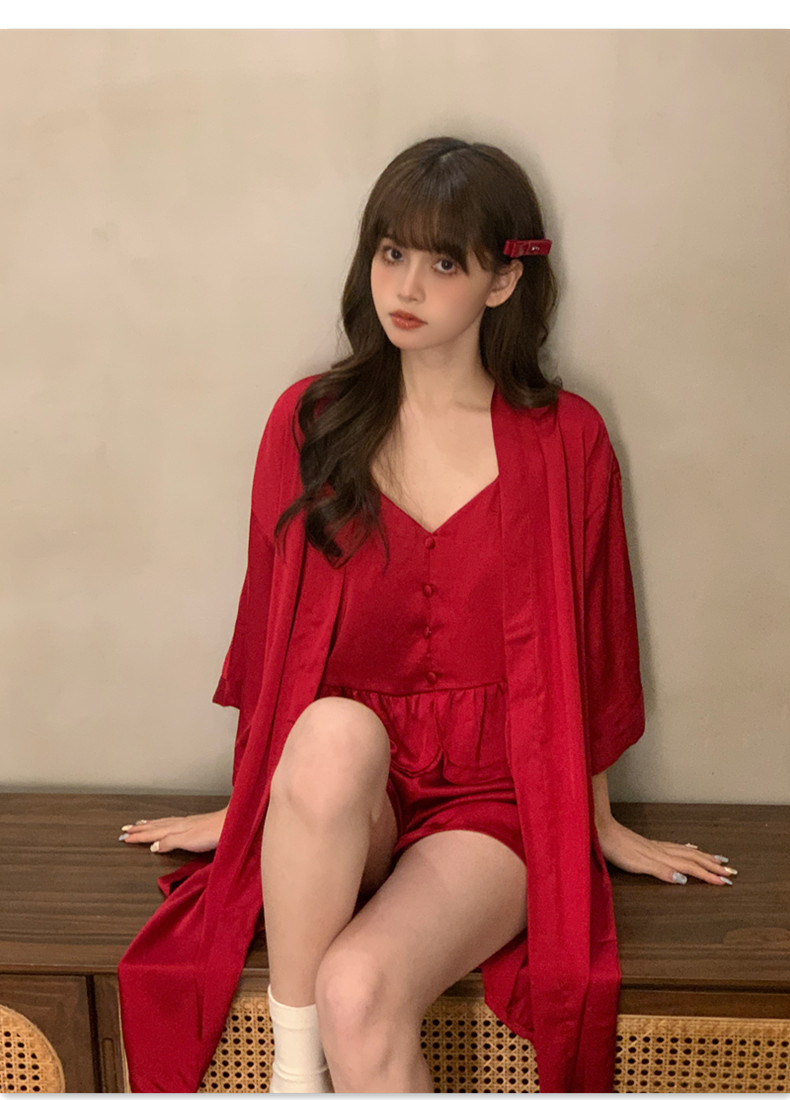网红女私藏纯欲法式性感吊带短裤冰丝高级感红色三件套睡袍睡衣夏