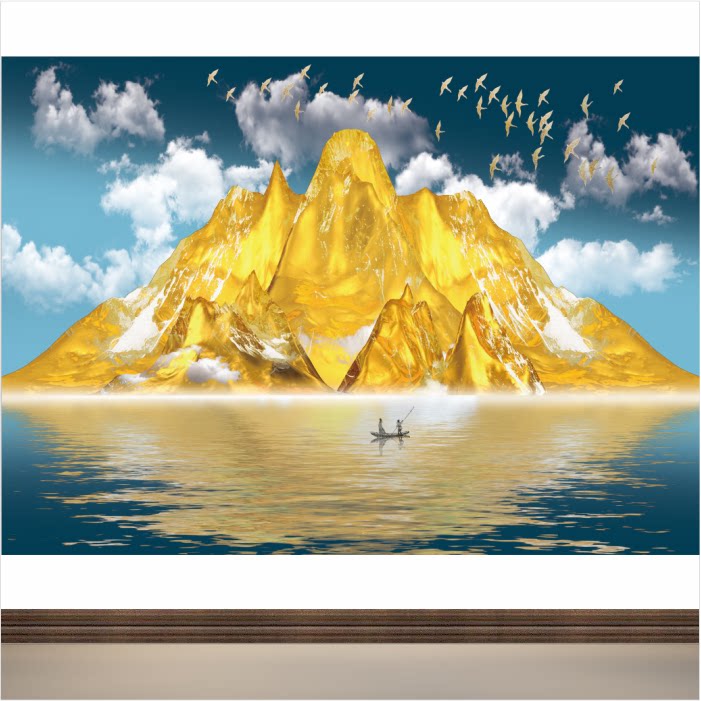 金山图背有靠山有山有水招财壁画客厅沙发背景墙聚财装饰画靠山图