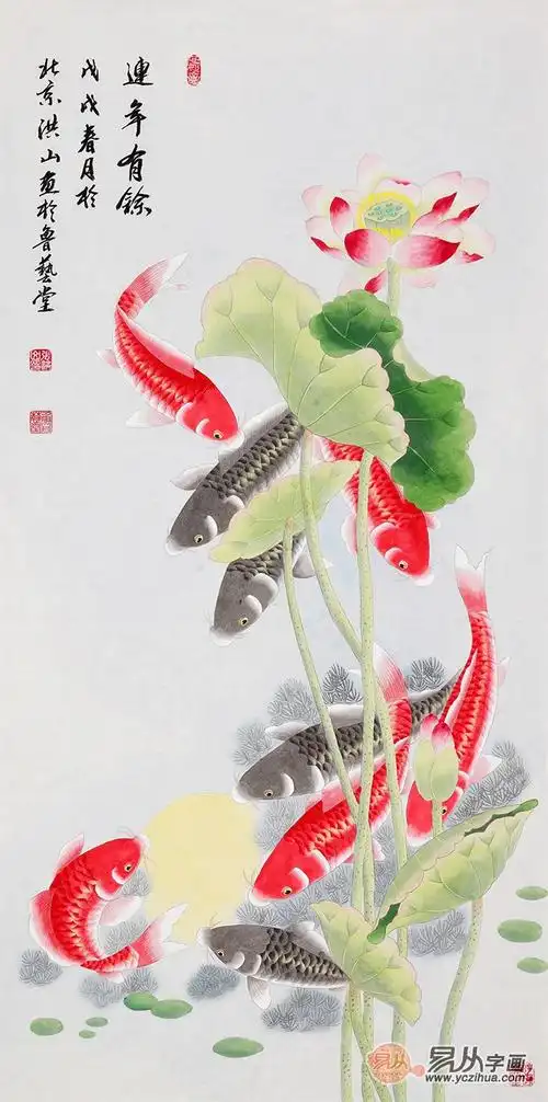 知名画家张洪山鲤鱼题材——工笔九鱼图欣赏_收藏热点