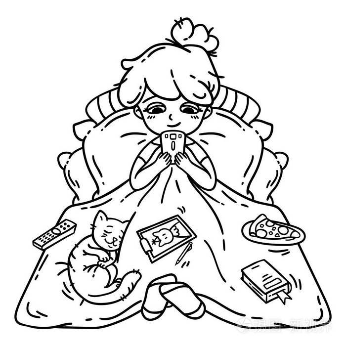 插画 休息和放松. 女孩休息. 白色背景上的孤立物体. 矢量图. 着色书.