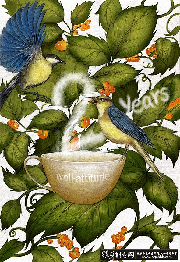 插画手绘咖啡店周年纪念海报小鸟元素创意手绘插画广告绿叶插画展翅