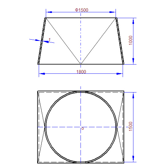 求天圆地方.直径1.5米,长1.8米,宽1.5米,高1米放样图