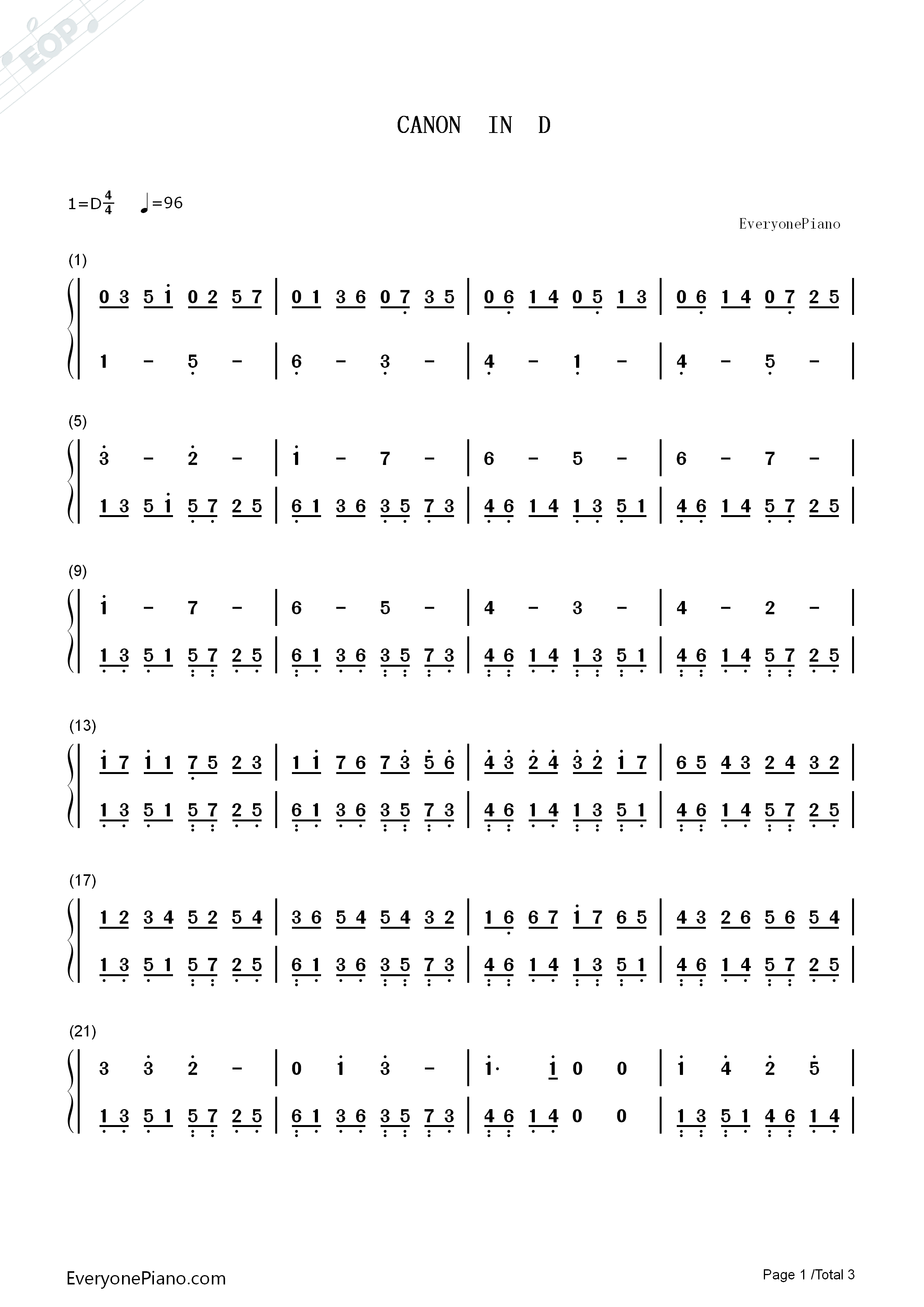 卡农简单好听版eop教学曲双手简谱预览1