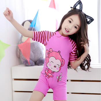 儿童泳衣男女童连体泳裤可爱动画宝宝温泉泳装短袖保暖游泳衣 粉红