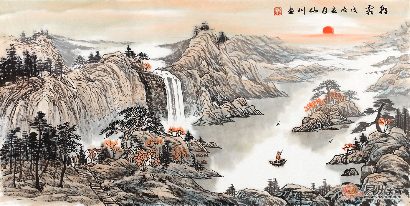 对联 (197*80cm——197*44cm*2)欣欣向荣名家山川八尺横幅山水画作品