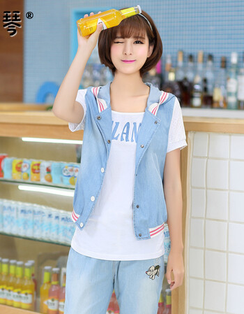 少女夏装2016新款 牛仔运动休闲上衣 初高中学生牛仔外套 西瓜红边 l